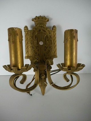 Vtg Edwardian Double Wall Sconce Cast Iron Gold Paint Faux Candle Needs Restored