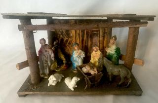Rare Vintage Plastic Miniature Blow Mold Nativity Set W Stable