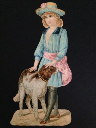 Large Antique Victorian Scrap Girl With Dog
