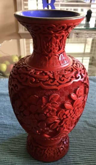 Vintage Chinese Hand Carved Cinnabar Red Lacquer Brass Trim Vase Peonies Rare