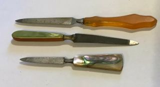 3 Antique/vintage Mother Of Pearl Abalone Bakelite Handle Nail File Old