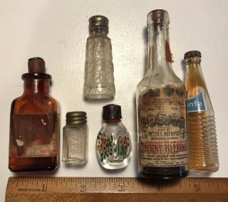 6 Small Vintage Antique Glass Bottles: Fanta Soda; Medicine; Liquor; Perfume