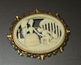 Antique Celluloid Silhouette Brooch Pin Lovers Kissing Courting Brass French
