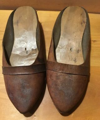 Rare Antique Hand Carved Wooden & Leather Open Clog Shoes /11.  5” Long 1.  5” Heel