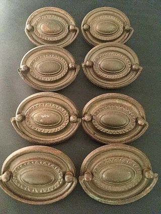 Vintage Set Of 8 Oval Drawer Pulls Handles Brass Patina W/screws 3” Wide