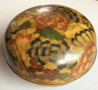 Antique Chinese Cloisonné Round Covered Box Jar Yellow & Floral Design
