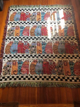 Rare Laurel Burch “feline Family” Woven Tapestry Afghan/throw Blanket—63”x 53”