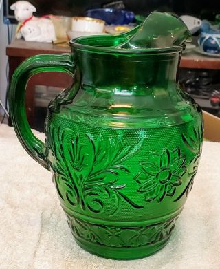 Rare Anchor Hocking Forest Green Sandwich 1/2 Gallon Pitcher With Ice Lip