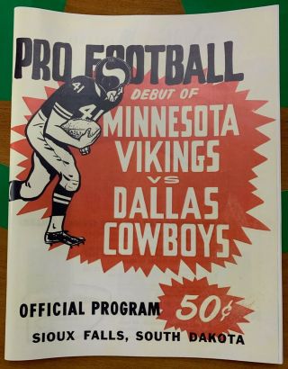 Rare 1961 Minnesota Vikings First Program Vs Dallas Sioux Falls,  Sd - Reprint