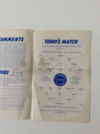 COVENTRY CITY RESERVES V SOUTHEND RESERVES 04.  05.  1955 RARE 2 PAGER 2