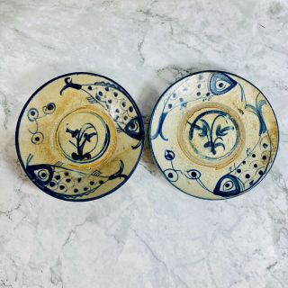 Antique Pair (2) Chinese Ching Dynasty Plate Set Fish Design Pottery Handpainted