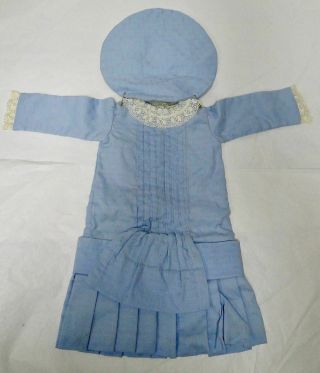 Homemade Cotton Antique Doll Dress Blue W/beret