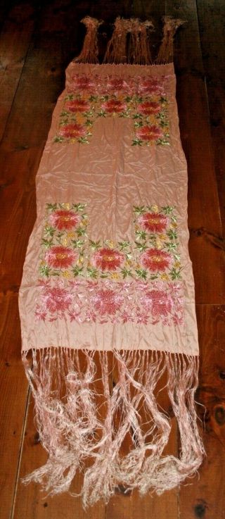 Vintage Pink Silk Embroidered Piano Shawl Scarf Panel Embroidery Textile