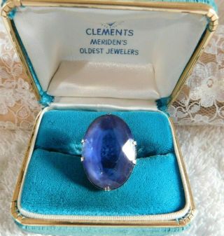 Art Deco Ring Sterling Silver,  Cut Blue Glass Statement Size 7.  5 In Antique Box