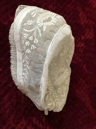 Pre - 1900 French Handmade Bonnet - Tulle Pleated & Muslin Embroidered