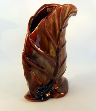 Rare Anna Van Briggle Pattern Leaf Shaped Brown Pottery Vase