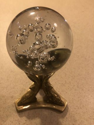Rare Vintage Crystal Ball With Brass Stand Dolphins 