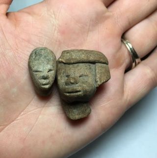 Set Of (2) Pre - Columbian Terra Cotta Pottery Head Skull Fragments Mayan Incan