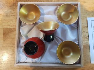 Japanese Mashiko - Ware Sake Cup Set Of 5 - Tochigi Prefecture - Gold,  Red
