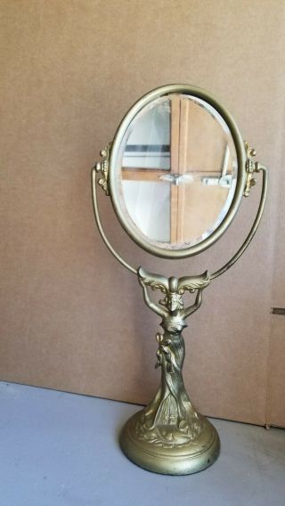 Antique Art Nouveau Bronze Brass Tiltable Dresser Vanity Mirror 17 1/2 "