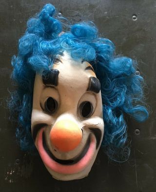 Rare Vtg 1970s Clown Mask Halloween Plastic Blue Hair Creepy Spooky