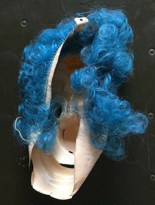 RARE VTG 1970s Clown Mask Halloween Plastic Blue Hair Creepy Spooky 2
