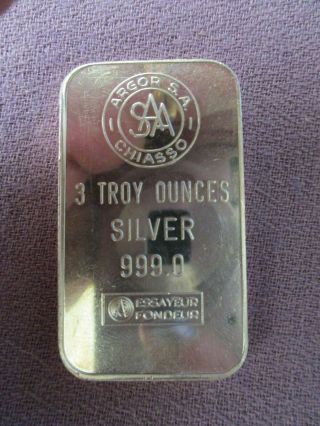 Ultra Rare Argor S.  A.  Chiasso 3 Troy Oz.  999 Fine Silver Bar 93.  4 Grams