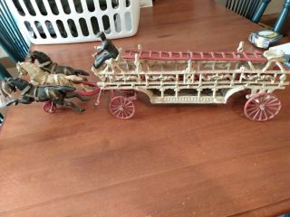 Antique Cast Iron Horse Drawn Hook & Ladder Wagon Fire Truck 3 Horses 28 "