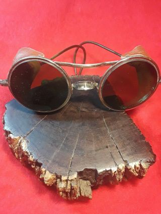 Vintage Antique Steampunk Wilson Welding Glasses Leather Sides - - Green Glass 2.  5h