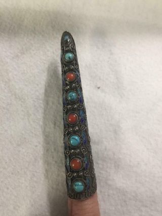 Antique Chinese Nail Guard Coral Turquoise Enamel Silver Brooch Pin - Guard 2