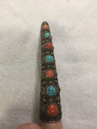 Antique Chinese Nail Guard Coral Turquoise Enamel Silver Brooch Pin - Guard 1