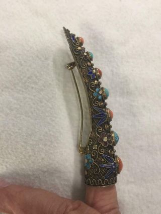 ANTIQUE CHINESE NAIL GUARD CORAL TURQUOISE ENAMEL SILVER BROOCH PIN - Guard 1 2