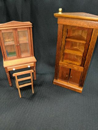 Vintage Shackman Dollhouse Furniture Desk With Chair And Books & Corner Cabinet