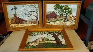 Vintage Paint By Number Barn/church Art,  All Are Framed In Oak Size: 14.  5 X 18.  5