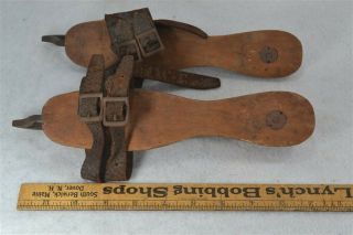 Ice Skates 19th C Wood Metal Leather Pair Strap On Antique 1850