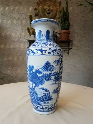 Large Chinese Blue And White Porcelain Vase Kangxi? Lotus Landscape Court Ladies