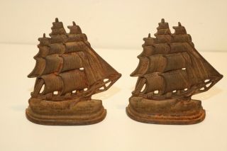 Antique Heavy Cast Iron Sailing Ship Bookends Book Ends