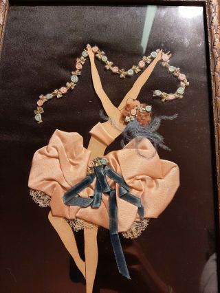 Rare Antique Art Deco Ribbon Art Wooden Frame Under Glass Satin Paper Doll