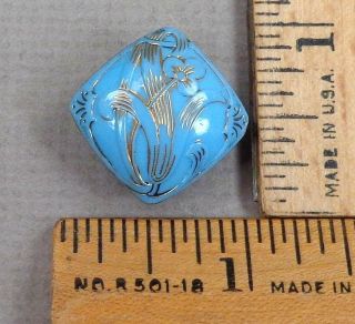 Victorian Glass Button 29,  1800s Turquoise W/ Etched,  Painted Detail,  Square