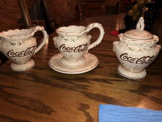 Coca Cola Vintage Cream And Sugar Set With Tea Cup And Saucer