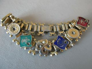 Antique Vintage Victorian Gold Fill Book Chain Enamel Clover Leaf Charm Bracelet