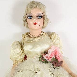 Antique 25 " Composition & Cloth Boudoir Bed Doll Flapper Girl Blonde White Dress