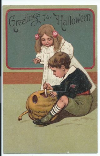 1911 Antique Halloween Postcard " Greetings For Halloween " Girl And Boy
