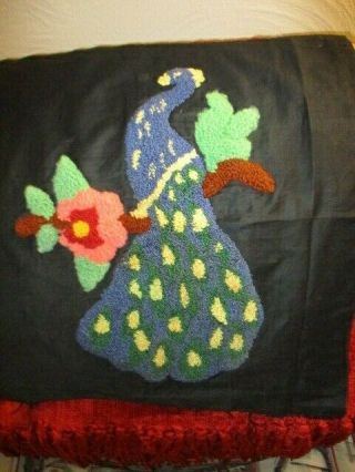 Antique Folk Art Hooked Pillow Cover With Peacock & Flowers