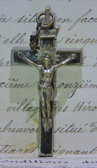 Antique Vintage French Rosary Cross Crucifix Ebony Wood & Metal Dsco4090