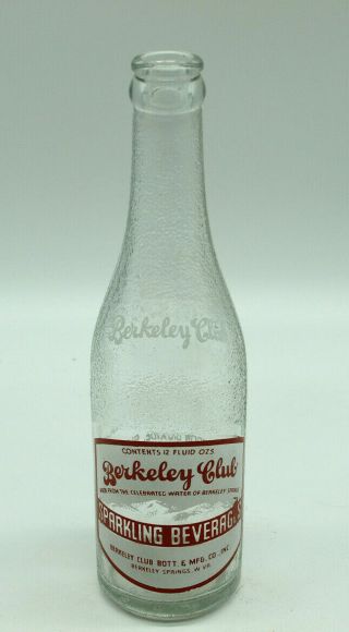 Rare Vintage Glass Bottle Berkeley Springs Club Bottling W.  V.  10 Oz