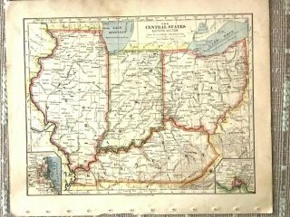 Vintage Color Map Of The Central States - In,  Il,  Oh,  Ky Printed 1883