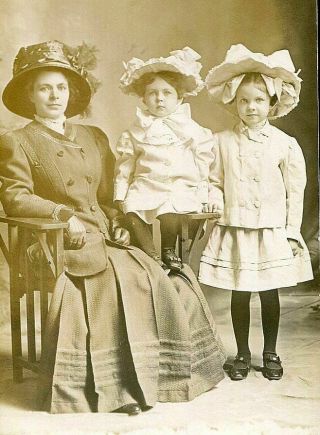Rppc Two Darling Girls & Mom W Fantastic Hats Antique Real Photo Postcard C1910