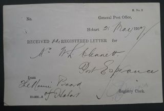 Rare 1907 Tasmania Australia Registered Letter Receipt Form R No.  2 - Hobart