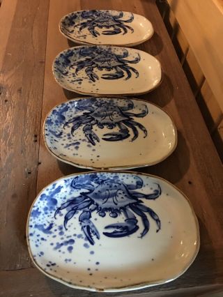 Rare Vintage Chinese Blue And White Porcelain Crab Plates - Set Of 4 - Signed
